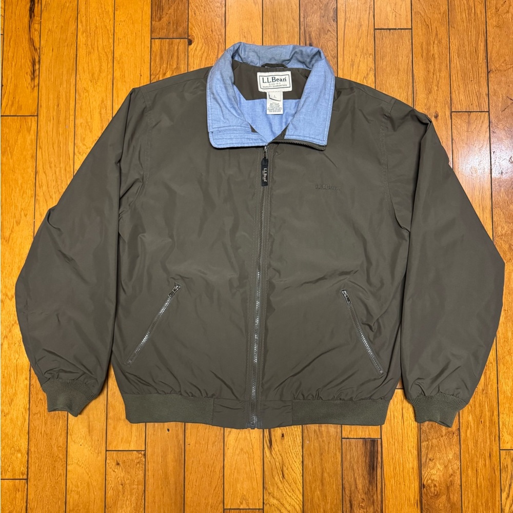 L.L. Bean Men's Khaki Windbreaker with Light Blue Collar